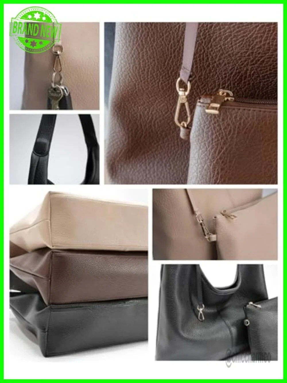 Vegan Leather Slouchy Hobo Bag with Zippered Pockets & Shoulder Strap